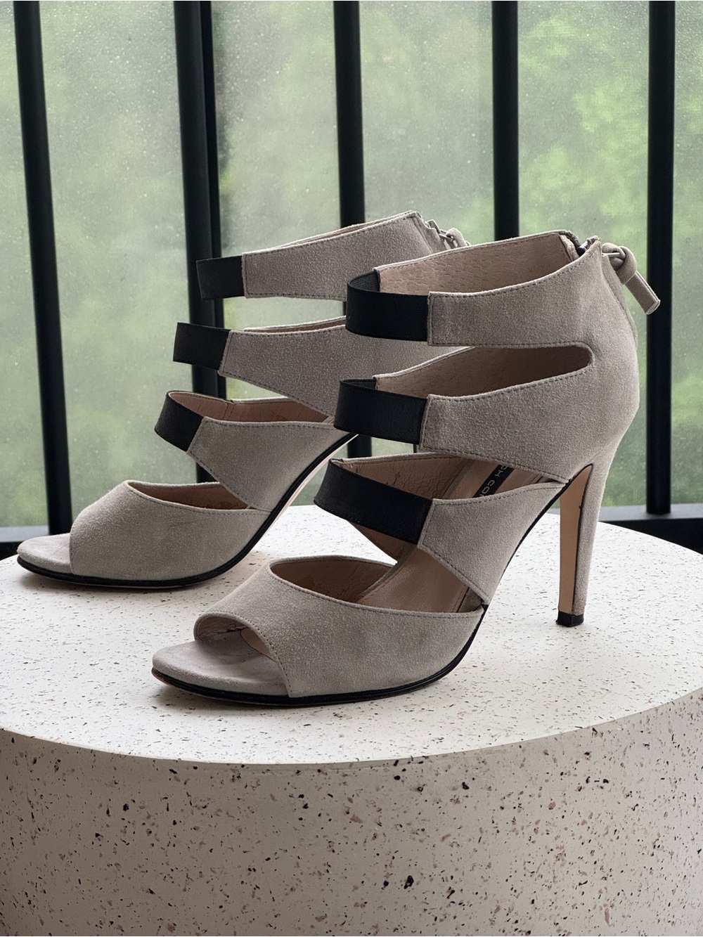 French Connection Nolie Gray Suede Strappy High Heels with Black Bands